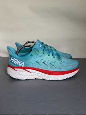 HOKA Clifton 8 Running Shoes - Turquoise with Red Accent